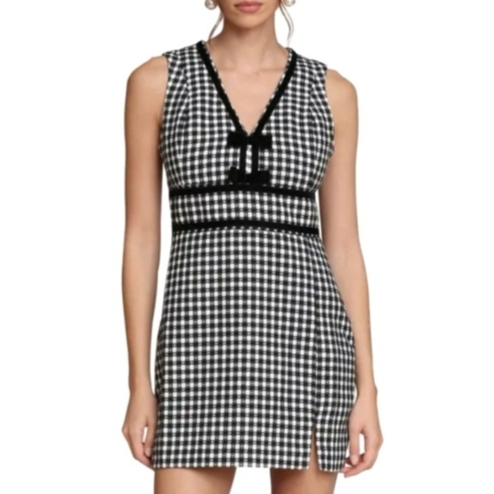 Avec Les Filles Tweed Gingham Mini Dress Sleeveless Velvet Bow Black Size 8 NWT